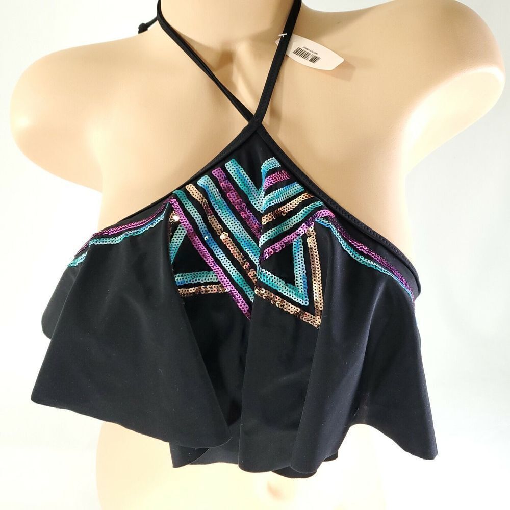 Victorias Secret Top Womens Small Bikini Halter Black Sequined Beach Swimwear